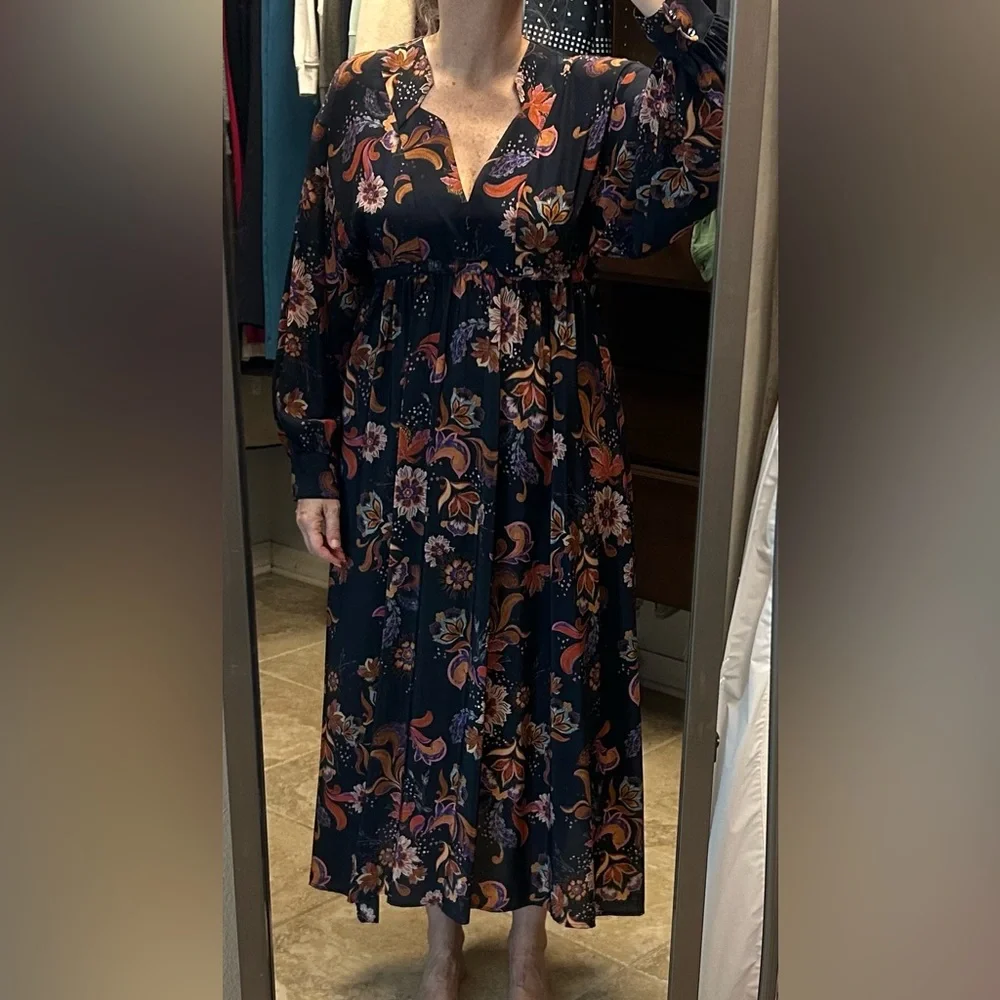 Johnny Was Navy Floral Long Sleeve Dress